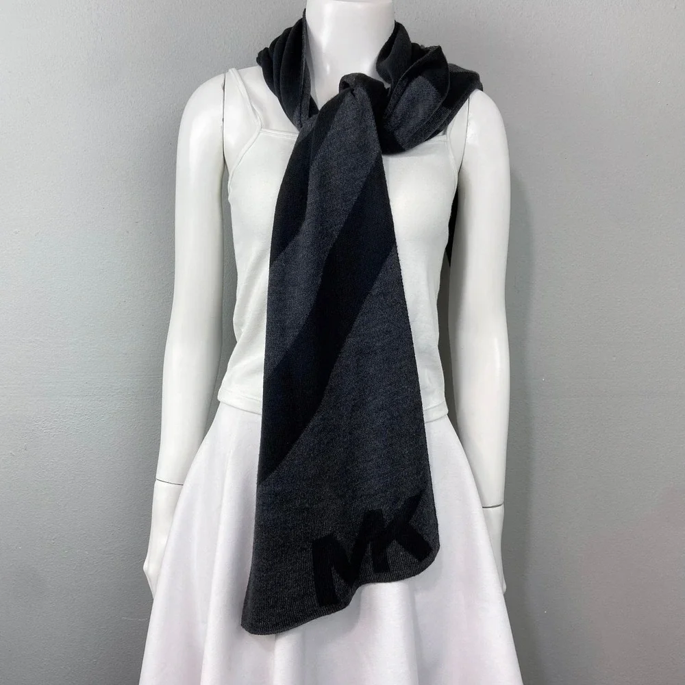 Michael Kors Scarf Charcoal Knit MK Logo Stripe Winter Unisex Urban Minimalist‎